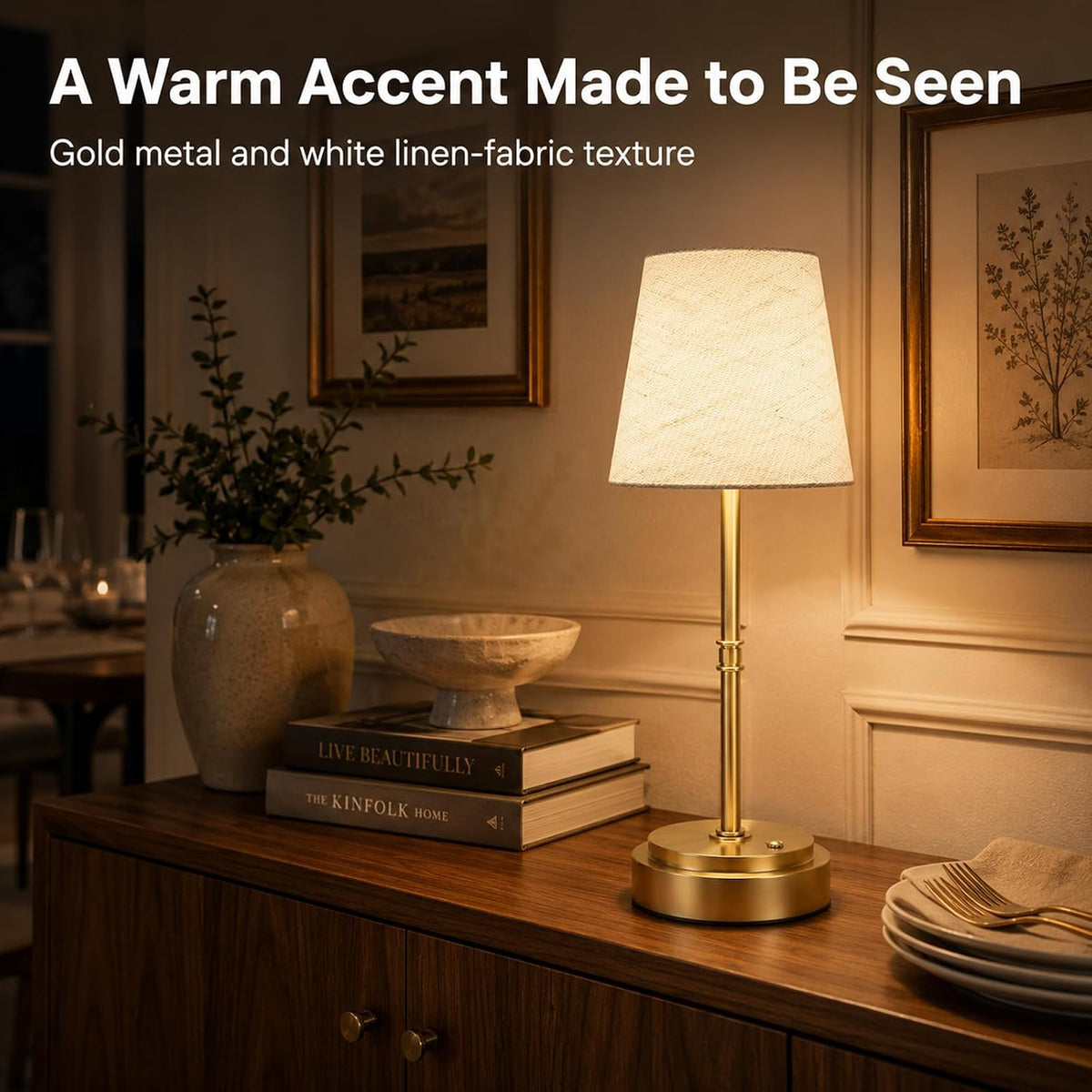Rechargeable Cordless Table Lamp, Nightstand to End Table,Gold,1 Pack | 6000mAh Battery Operated, 16-Inch Antique Brass Aesthetic, For Kitchen Counter, Bathroom Vanity and Dining Room