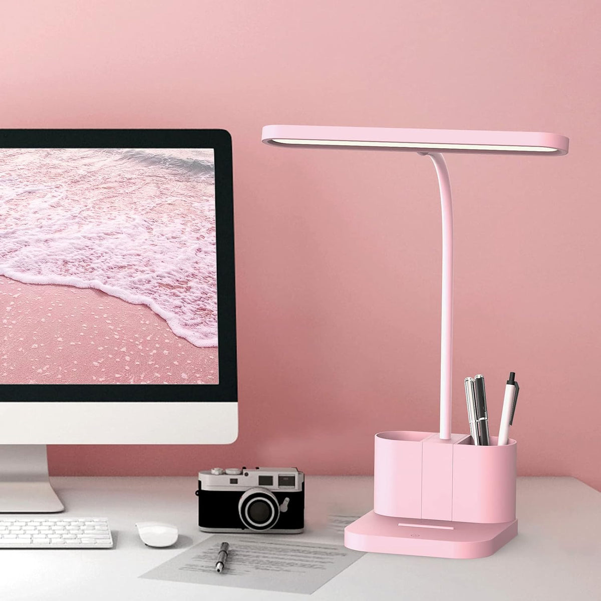 Pink Desk Lamp for Teen Girls, College Dorm Room Cute Table Light | Home Office Bedroom Essentials, Kawaii, Dimmable LED, Flexible Gooseneck, Pen Holder, Touch Control, for Kids Adults