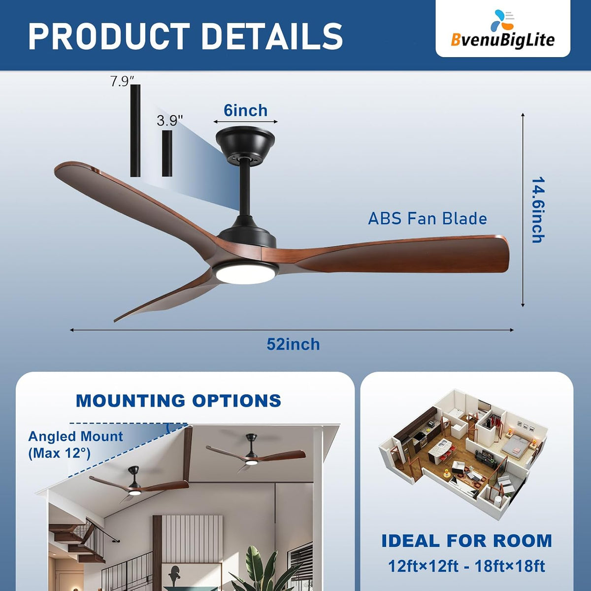 Outdoor Ceiling Fan with Light: 52 Inch 3 Blade Outdoor Fans for Patios - Modern Plastic Walnut Ceiling Fan with Dimmable Light Remote Control Ultra Quiet Reversible DC Motor Timer