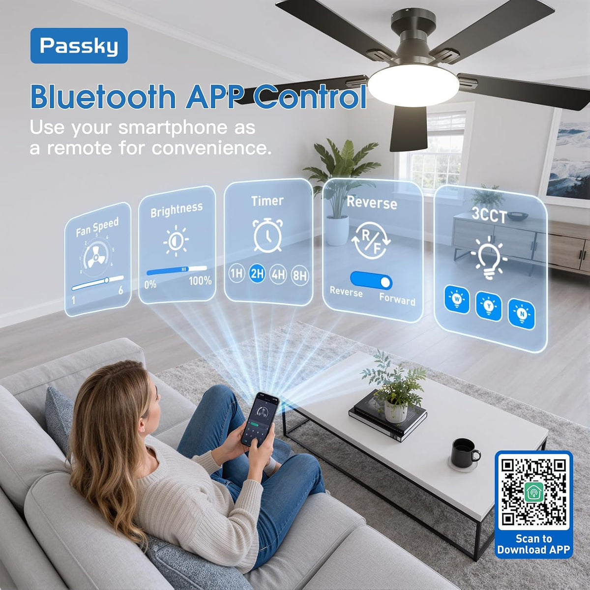Passky 52 Inch Black Low Profile Ceiling Fans with Lights and Remote | Flush mount, 3-color dimmable light, quiet reversible DC motor, easy install, memory, APP, bedroom, covered outdoor areas