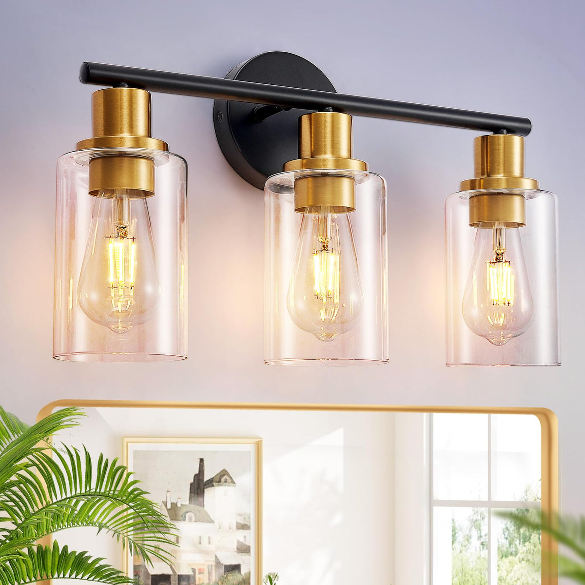 DLLT 3-Light Bathroom Light Fixtures: Set of 2 Black Modern Vanity Lights with Clear Glass Shade - 18.51" Bathroom Wall Lamp for Mirror Kitchen Living Room