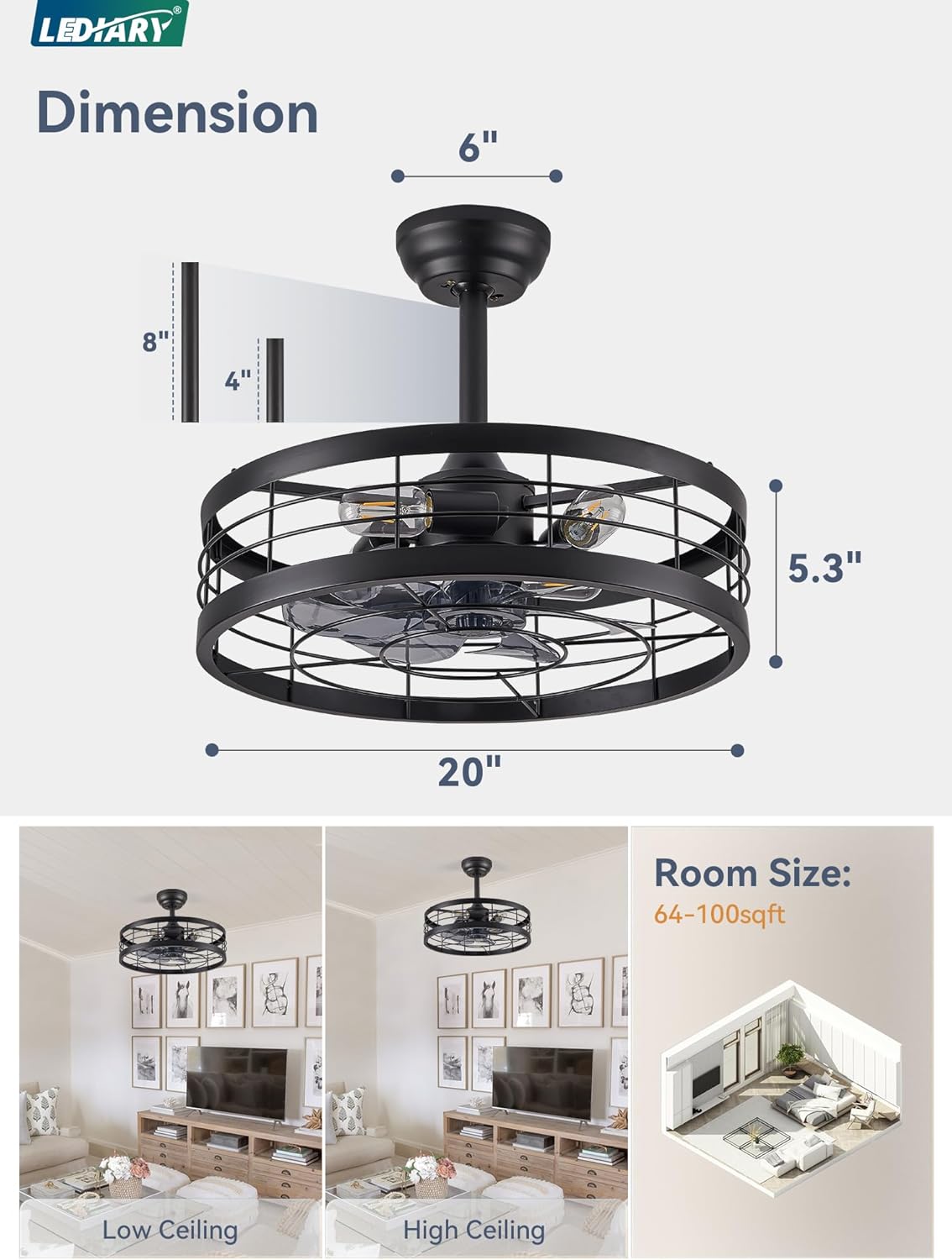 LEDIARY 20 inch Fandelier Caged Ceiling Fan with Light and Remote, Black | 6 Speed Adjustable,Timing, Quiet & Powerful DC, Small, Farmhouse, Industrial, Enclosed, Bladeless, Bedroom, Kitchen, Downrod
