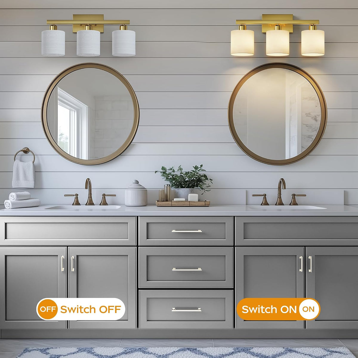 Bathroom Light Fixtures, Bathroom Lighting Fixtures Over Mirror, Interior Classic Vanity Lights, Modern Vanity Light with Textured White Glass Shade, Brushed Gold, 3-Light