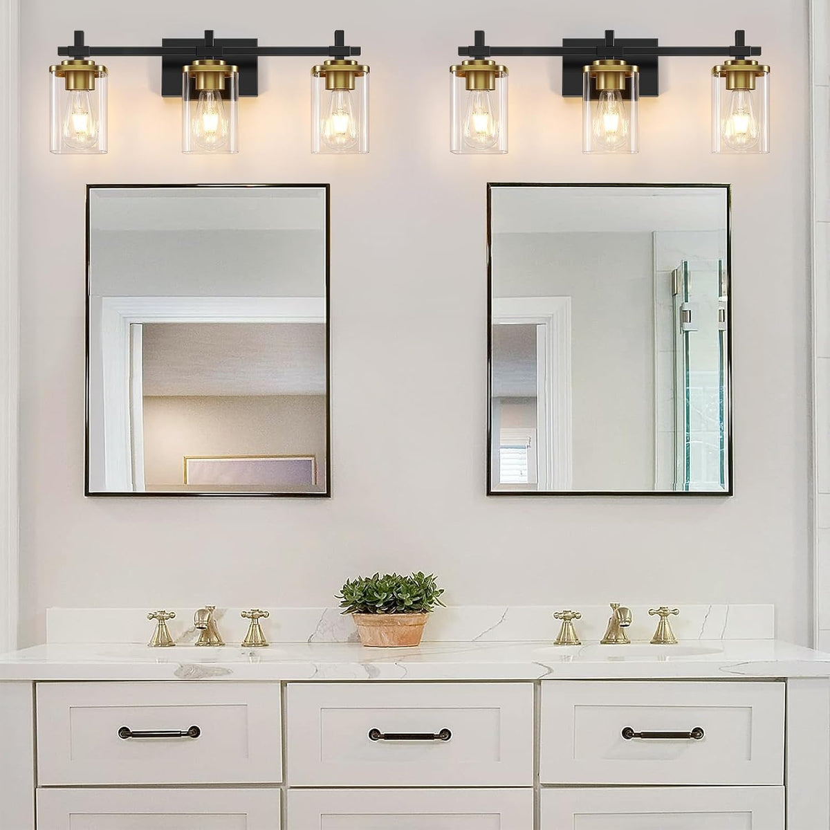 3-Lights Black and Gold Bathroom Light Fixtures Over Mirror, Modern Brushed Gold Vanity Lights for Bathroom, Sconces Wall Lighting with Square Glass Shade for Mirror Bedroom Hallway
