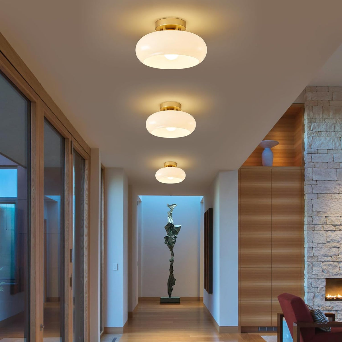 WOKNOS Mid-Century Modern Gold Semi Flush Ceiling Light 11.0 Inch | Small White Glass Shade Close to Ceiling Lighting Fixture For Kitchen Entryway Hallway Bathroom Closet Bedroom Laundry Room
