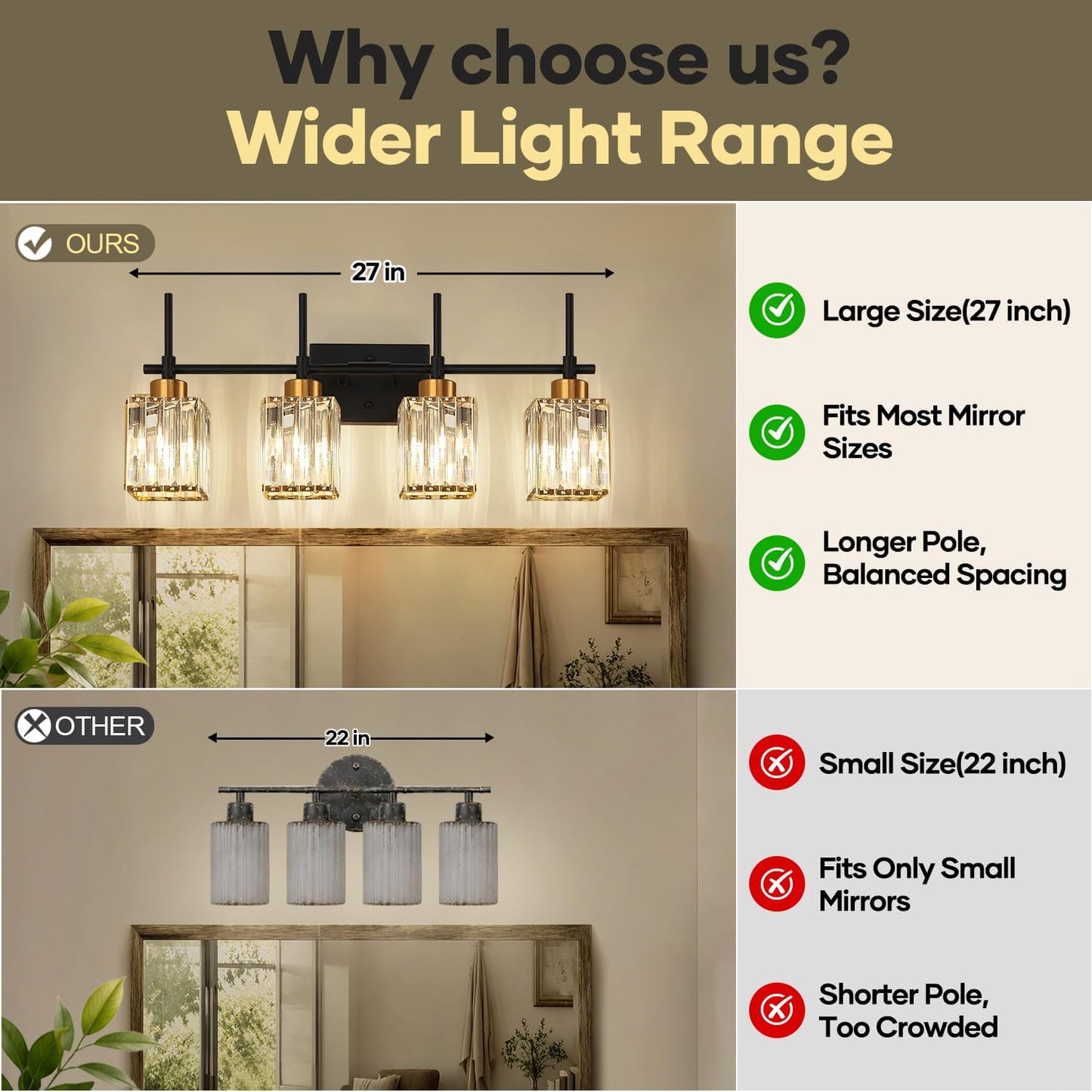 Torondo Modern Crystal Bathroom Vanity Light 4-Lights Gold Bathroom Light Fixtures Over Mirror Black and Gold Vanity Lighting Fixtures Gold Square Shade Brass Wall Sconce (Bulbs Not Include)