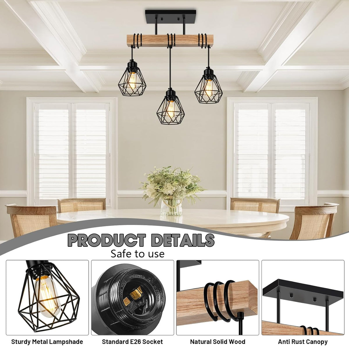 3-Lights Farmhouse Dining Room Pendant Light Fixtures Over Table, Rustic Solid Wood Kitchen Island Lighting Hanging with Metal Shades, Modern Black Ceiling Pendant Lamp for Living Room Hallway