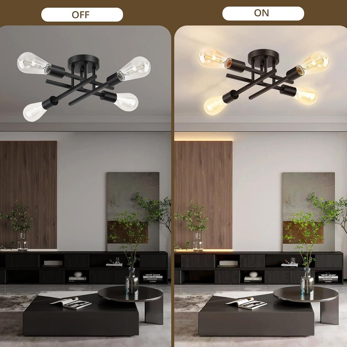 Ceiling Light, 4-Light Matte Black Semi Flush Mount Ceiling Light Fixture | Modern Dining Room Light Fixture with E26 Base,Kitchen Lighting Fixtures Ceiling, Sputnik Chandelier for Bedroom Living Room