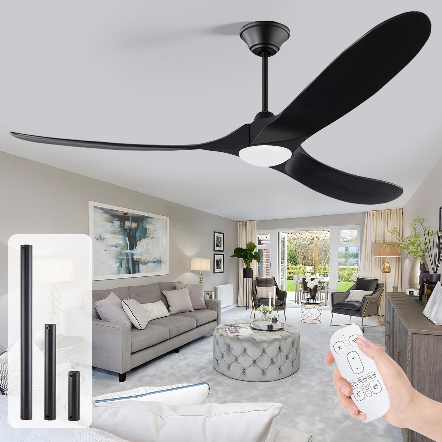 60 inch Outdoor Ceiling Fan for Patios with Light, Farmhouse style | 3 Blades Wood Ceiling Fan, Damp Rated Large Airflow Commercial Ceiling Fans for Exterior House Porch Gazebo