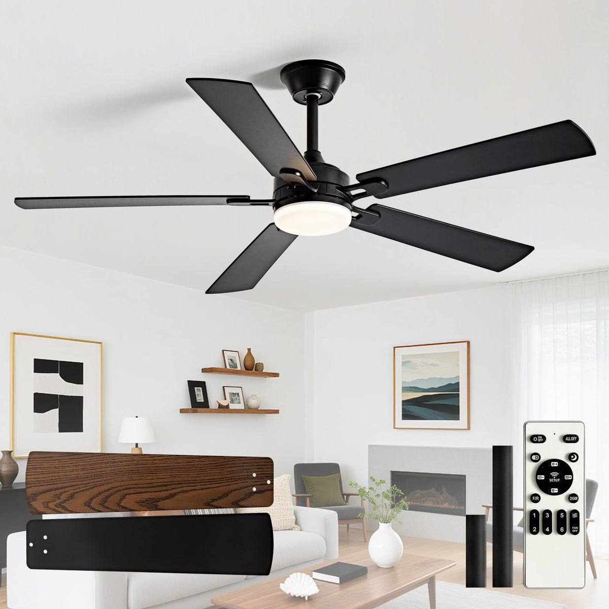 Depuley 52-Inch Ceiling Fan with Light: Black 3 Blade Outdoor Fans for Patios - Dimmable Indoor Fan with Remote Control Fandelier for Living Room Bedroom Porch Quiet Motor Reversible 6 Speed Timer