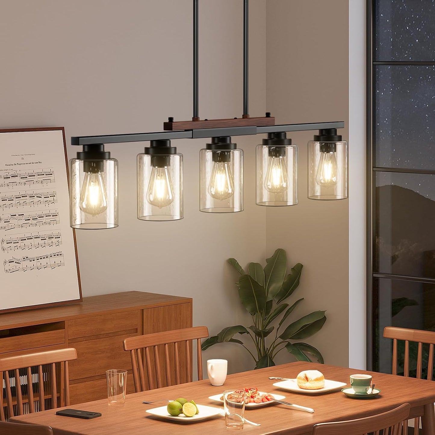 Amico 5-Light Dining Room Light Fixture, Seeded Glass Island Chandelier | Farmhouse Adjustable Rods Black Metal & Wood, Kitchen Island Pendant Light, Dining Room, Bubble Glass Shade