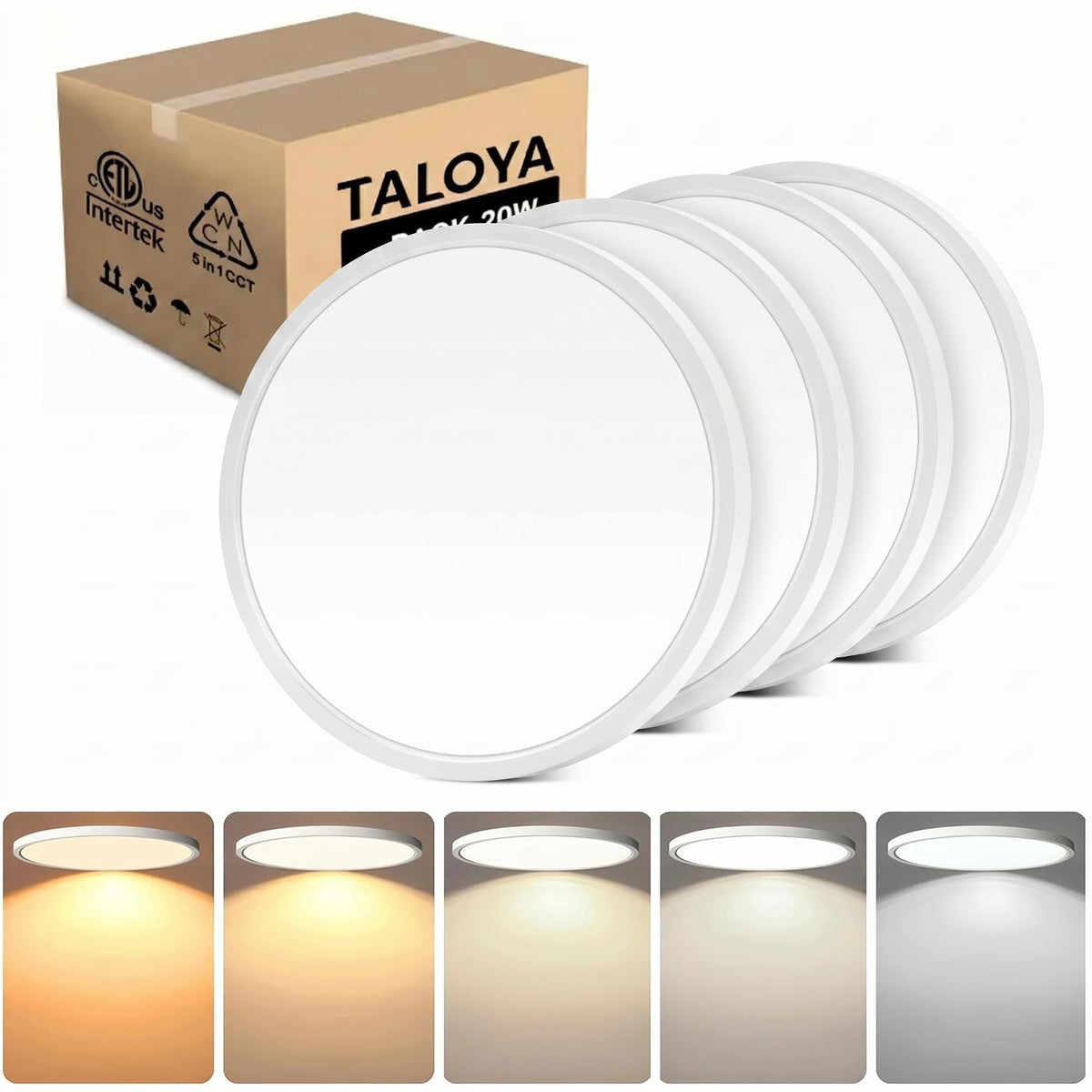TALOYA 2 Pack 12 Inch LED Flush Mount Ceiling Light Fixture,20W 5CCT | Edge-Lit LED Ceiling Light Fixture for Bedroom,Kitchen,Laundry,Basement,Closet Room,3000K-6500K,100-240V Compatible,White