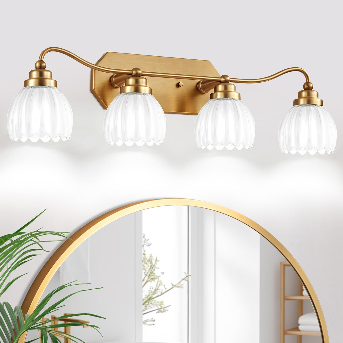 3 Light Gold Vintage Vanity Lights, Antique Brass Finish | Clear Tulip Crystal Shades,Brushed Gold Bathroom Light Fixtures,Wall Sconce Ideal for Bedroom, Hallway, Easy to Install