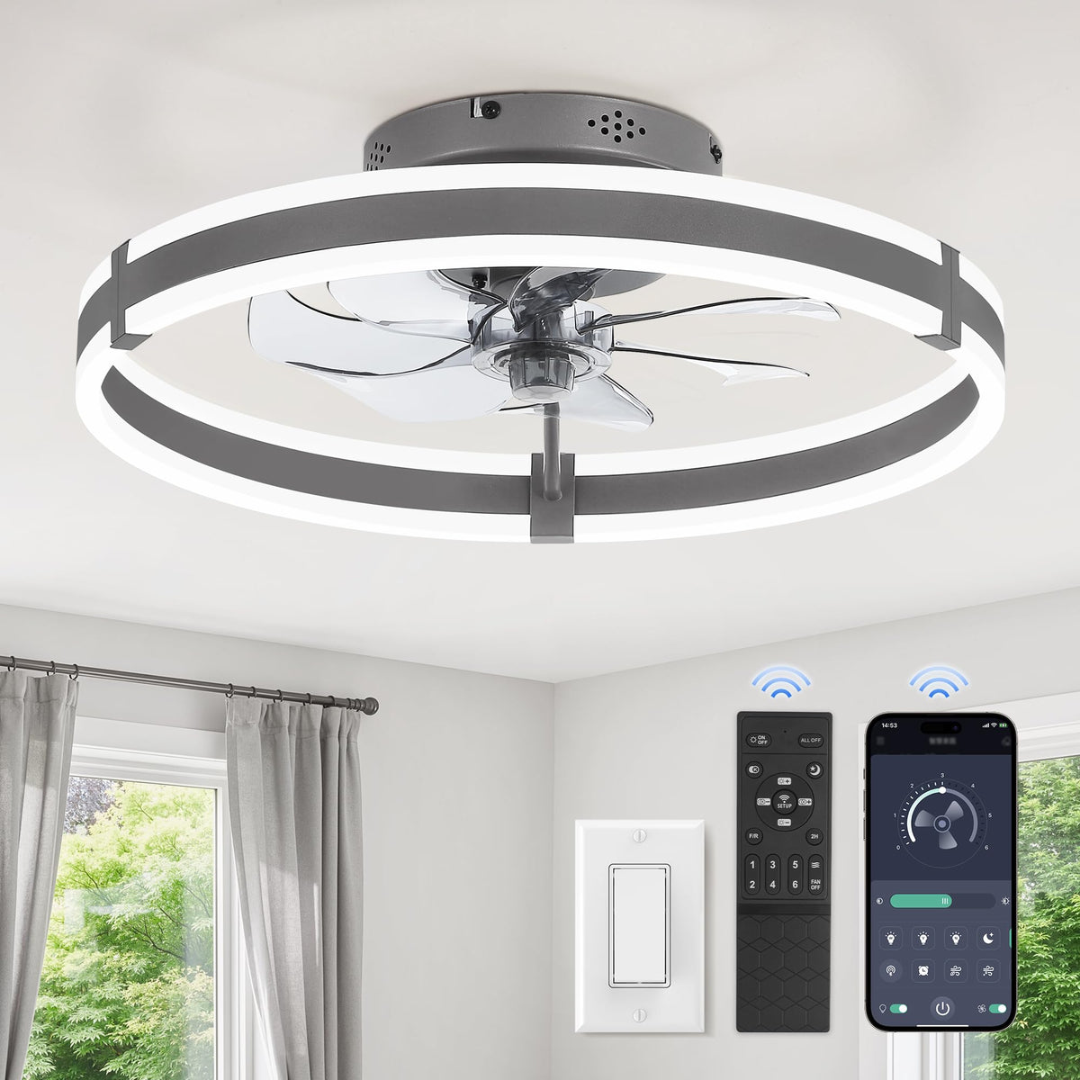 ZMISHIBO Low Profile 19.7'' Ceiling Fans with Lights and Remote, Black | 3000-6000K Dimmable LED Fandelier, Quiet DC Motor, Reversible Airflow, 6 Wind Speeds, Timer, Bedroom, Living Room, Kitchen