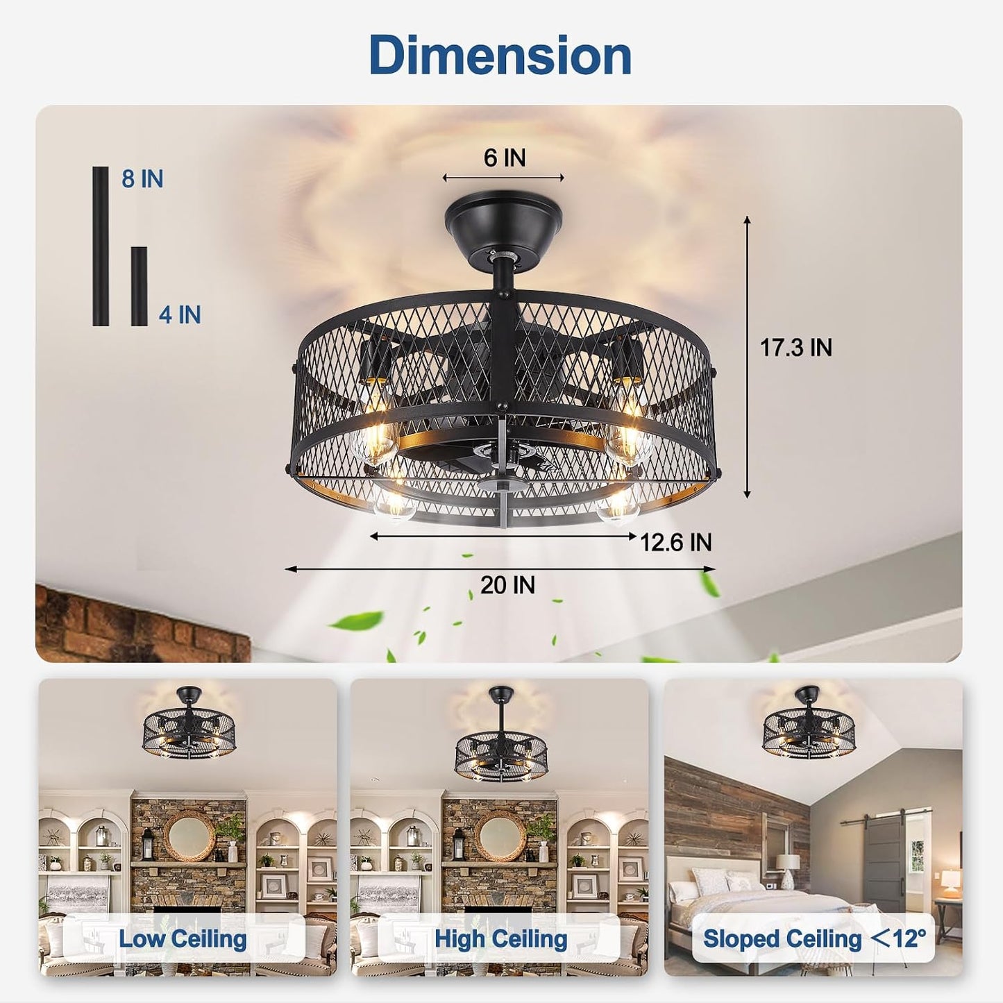 DLLT Caged Ceiling Fan with Light: 20" Farmhouse Fandelier with Lights and Remote Control - Black Rustic Semi Flush Mount Bladeless Ceiling Fans Enclosed Fan for Bedroon Kitchen Living Dining Room
