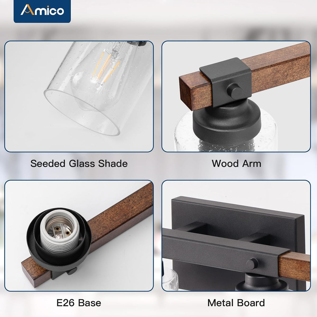 Amico 3-Light Farmhouse Bathroom Vanity Light, Seeded Glass, Black & Wood | Bubble Glass Shade Wall Sconce, Over Mirror Lighting for Bathroom, Bedroom, Living Room, Hallway, Powder Room, Entryway