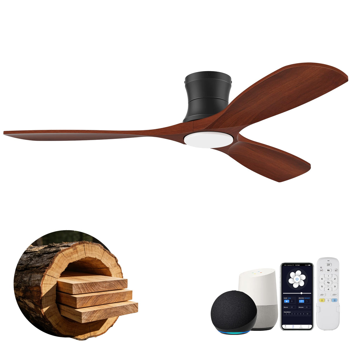 52" Wood Low Profile Ceiling Fans with Lights Remote,Flush Mount,Smart | Alexa/App Control,Easy Install,Quiet,Light Wood White,Hugger LED Ceiling Fan for Modern Outdoor Indoor Patio Bedroom,High CFM