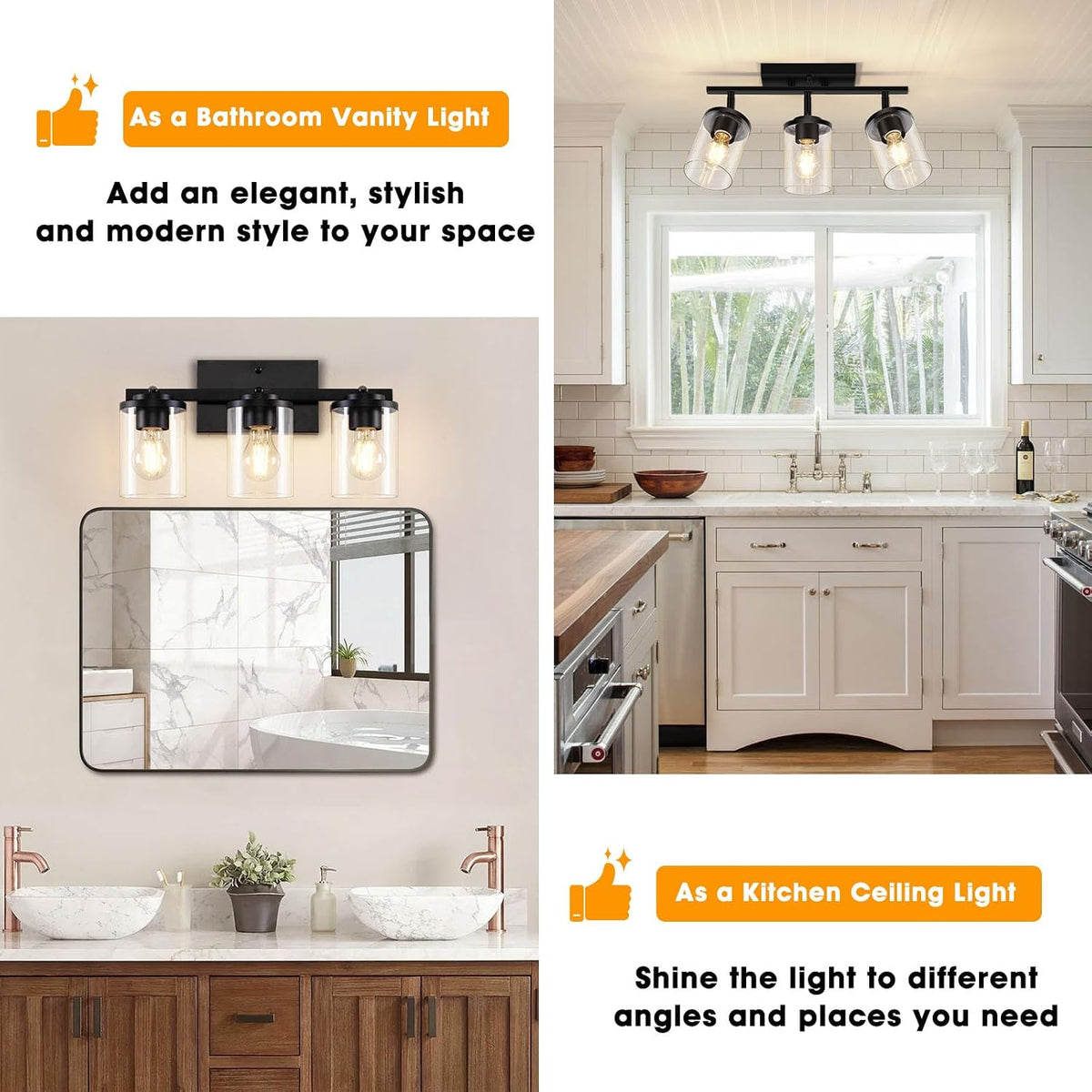 FadimiKoo 3-Lights Semi Flush Mount Ceiling Light, Adjustable Kitchen Light Fixtures Ceiling Mount with Clear Glass Shades, Rotatable Black Track Lighting Fixtures for Hallway, Foyer, Bedroom