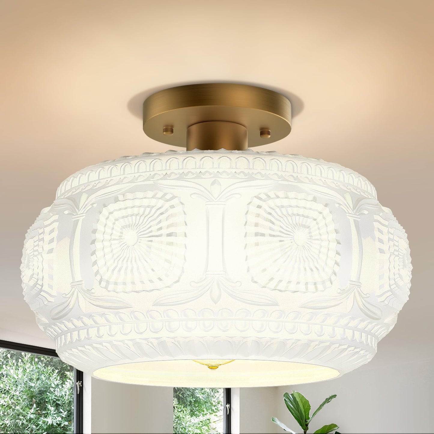 Globe Glass Semi Flush Mount Ceiling Light Fixture, Vintage Gold | Beautiful Light Shadow, Easy to Install, Bright Ambiance, Modern Lighting for Hallway Entryway Kitchen Bathroom Bedroom