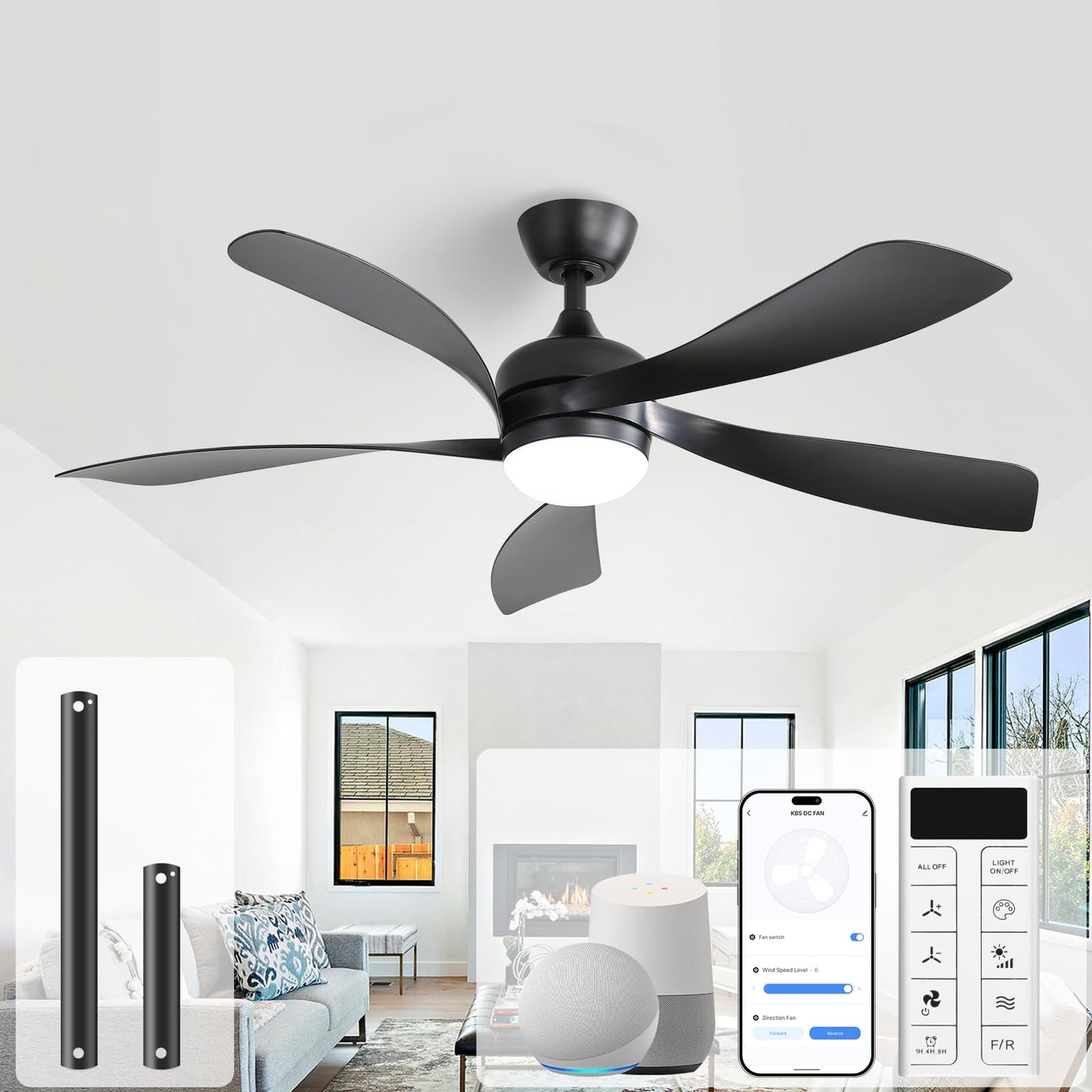 Sofucor 52 Inch Ceiling Fan with Light, 5 ABS Blades Brown | Remote Control Compatible, Reversible Quiet DC Motor, Timer, 6 Speeds, 3-CCT for Living Room Bedroom Patio Farmhouse