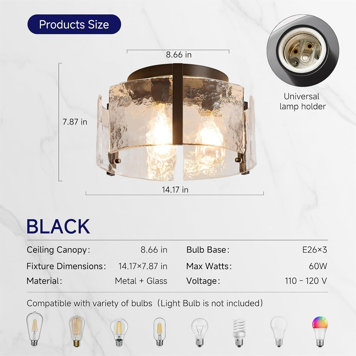 Black Semi Flush Mount Ceiling Light, 14" Farmhouse Hallway Light Fixtures | Vintage Drum Glass Entryway Lighting, Mid Century Modern Lights for Kitchen Dining Room Foyer Bedroom Laundry Room Bathroom