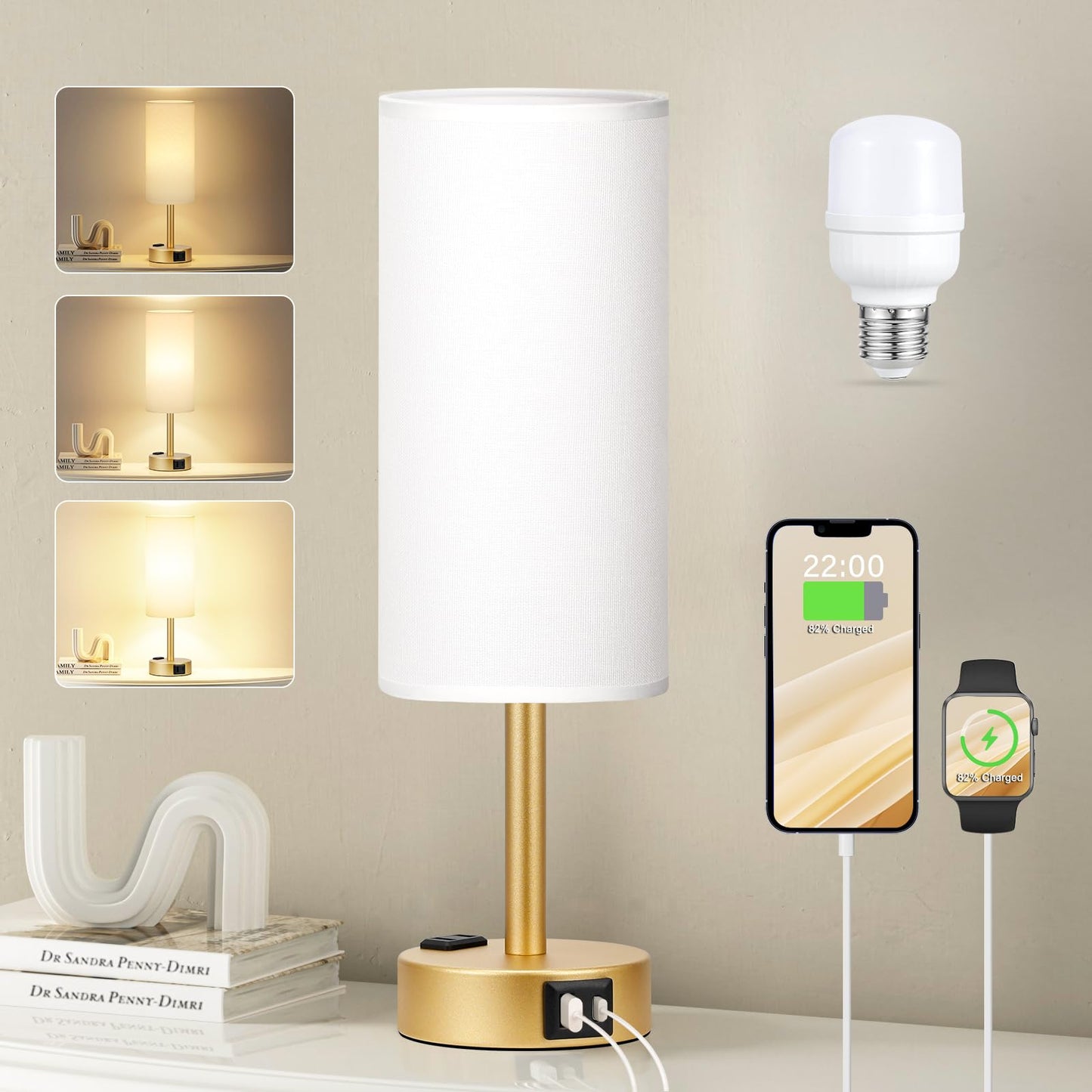 Bedside Table Lamp for Bedroom - Dimmable Touch, USB A+C, AC Outlet | 3-Way Dimmable, LED Bulb Included, Fabric Lampshade, Wood-Grain Metal Base, 14" Small Nightstand Lamp for Desk, Living Room