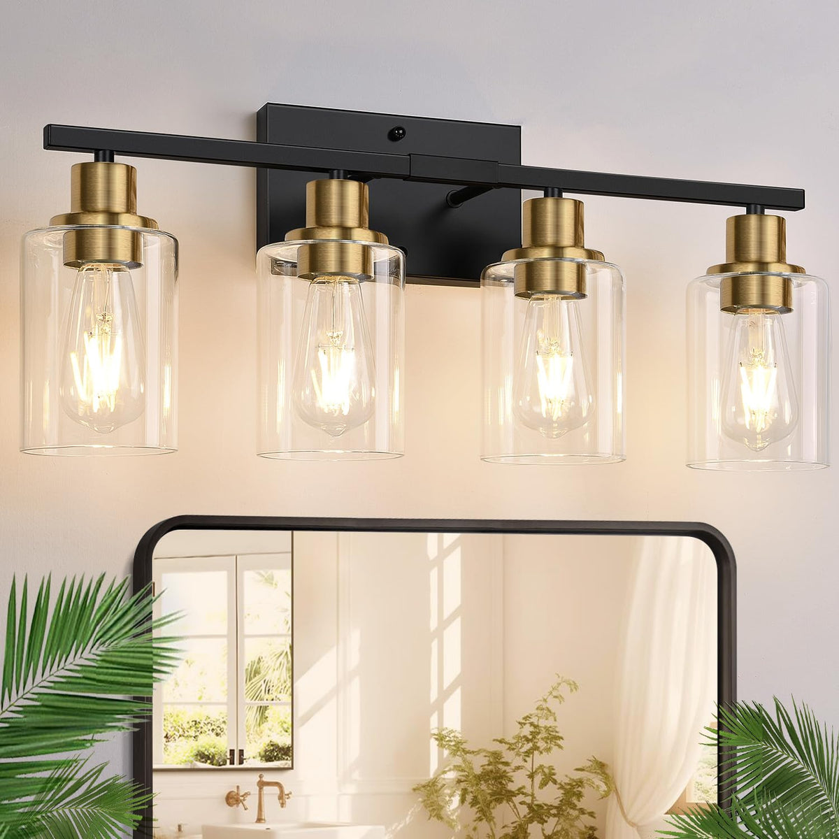 Indoi 4-Light Bathroom Light Fixtures, Matte Black Modern Vanity Lights with Clear Glass Shades, Bathroom Wall Lamp for Mirror Living Room Cabinet Bedroom Porch