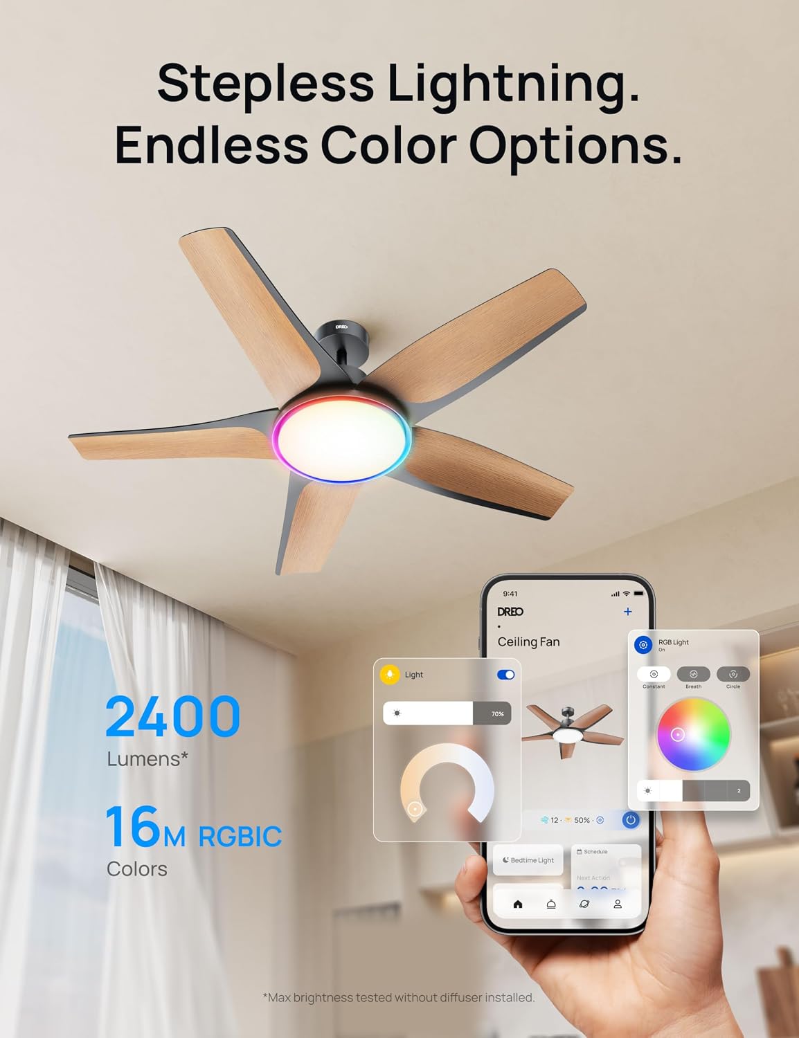 DREO Smart RGBIC Ceiling Fans with Lights, Low profile Ceiling Fan with Alexa/App, 52'' Dimmable Lighting & Color Tuning, 25dB Quiet for Living Room, Game Room, Easy Installation, Black, 2026 Upgraded