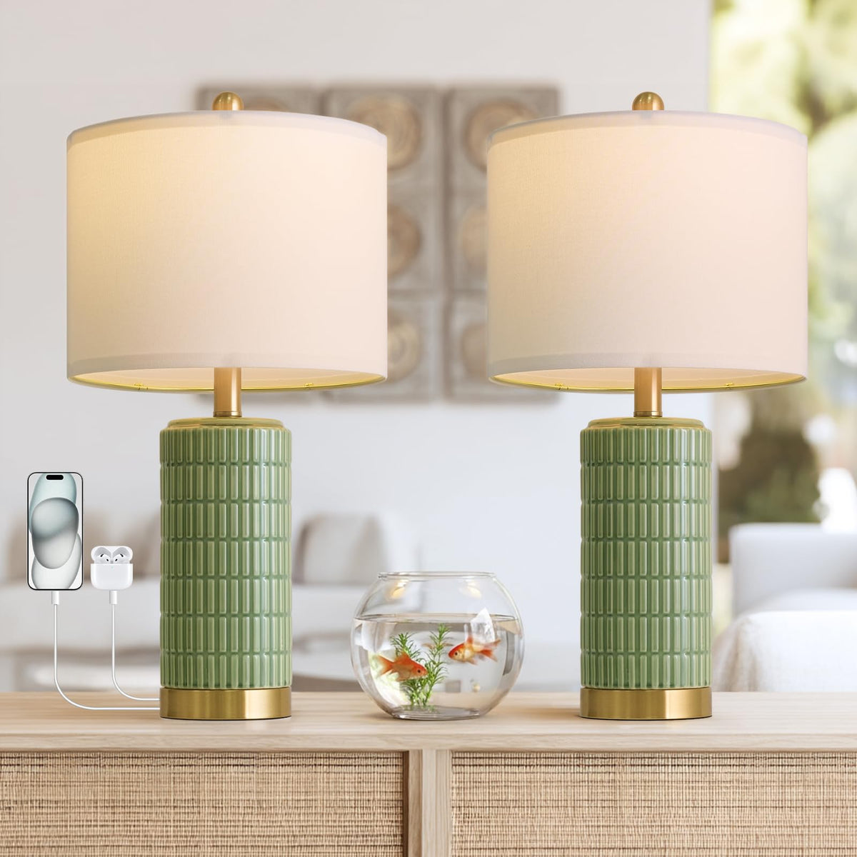 PoKat 20.75" Small Modern Ceramic Table Lamps Set of 2 for Bedroom, White | Bedside lamps for nightstands, farmhouse home decor, end table & desk light, ideal housewarming new home gift for women mom