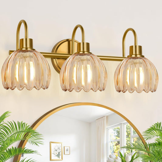 Bathroom Light Fixtures, 3-Light Brushed Gold Vanity Lights for Bathroom with Ribbed Amber Tulip Glass Shade, 20 in Bathroom Vanity Lights Over Mirror for Bedroom, Living Room, Hallway