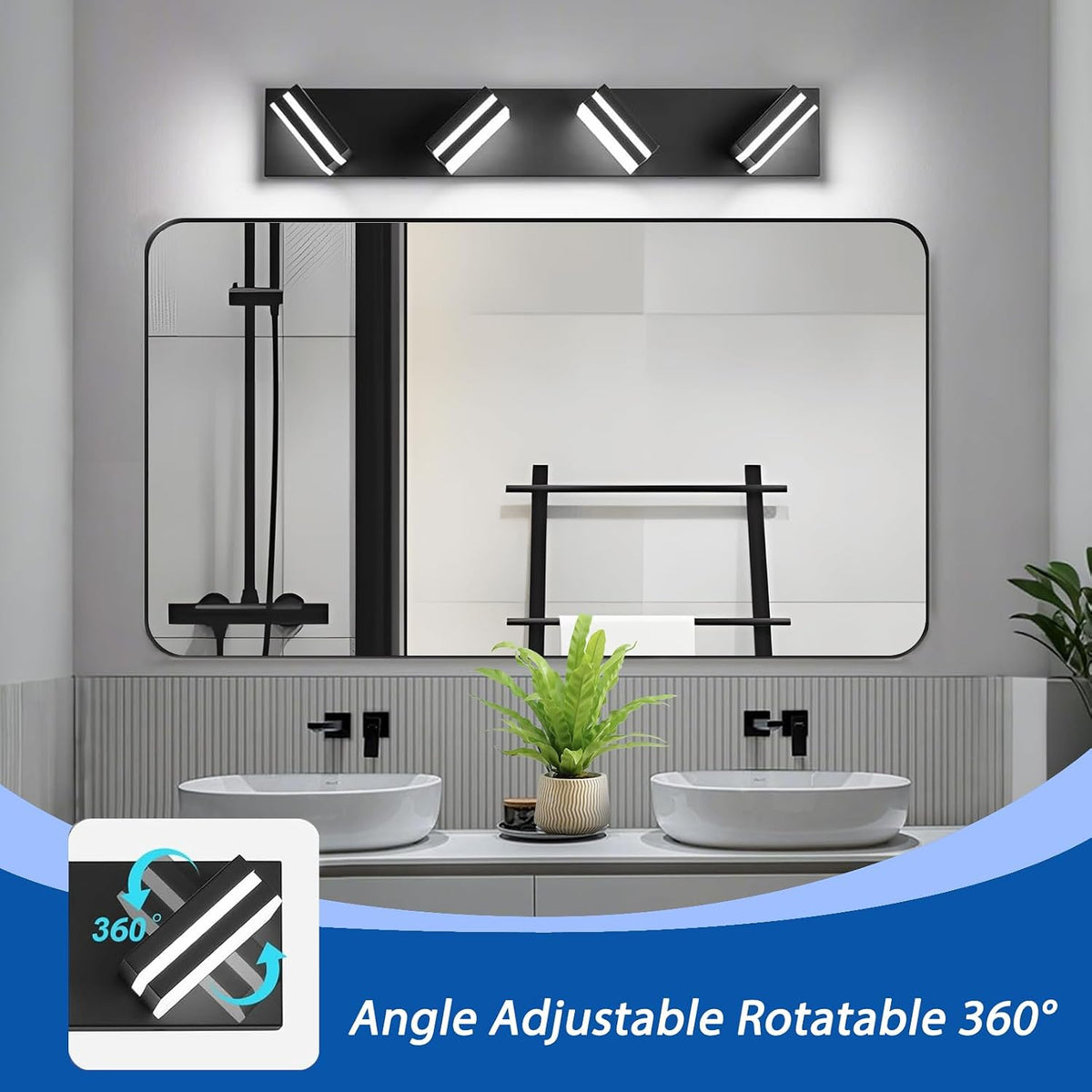 IZORRO LED Modern Bathroom Lights Fixtures(4-Light,Dimmable,360°Rotate),Matte Black Acrylic Wall Lighting,Vanity Lights for Bathroom Over Mirror - 6000k 24In （No Assembly Required）