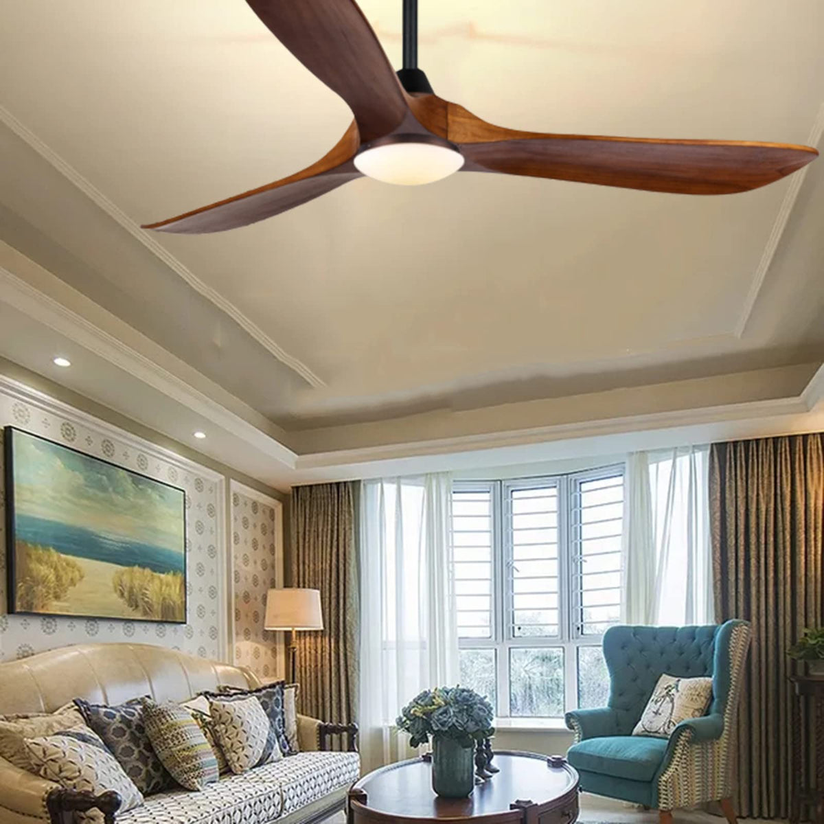 60 inch Outdoor Ceiling Fan for Patios with Light, Farmhouse style | 3 Blades Wood Ceiling Fan, Damp Rated Large Airflow Commercial Ceiling Fans for Exterior House Porch Gazebo