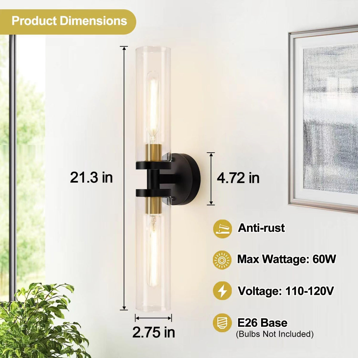 Indoi Hardwired Wall Sconces Set of Two, 22" Black and Gold Bathroom Sconces with Clear Glass, Modern Sconces Wall Decor Set of 2 Wall Light fixtures for Bathroom Mirror Living Room Hallway Bedroom