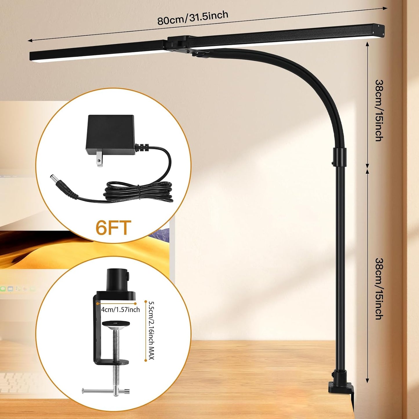 LED Desk Lamp with Clamp, Dual Head Monitor Light, Remote | 24W Dimmable Eye-Caring Task Lamp with Timer, Anti-Glare Cover and Gooseneck for Home Office Dorm Workbench and Study