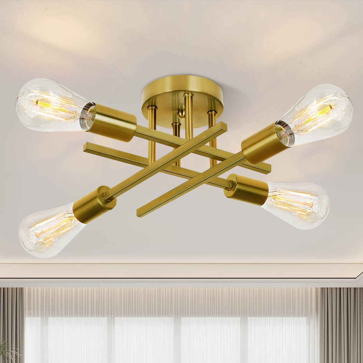 Ceiling Light, 4-Light Matte Black Semi Flush Mount Ceiling Light Fixture | Modern Dining Room Light Fixture with E26 Base,Kitchen Lighting Fixtures Ceiling, Sputnik Chandelier for Bedroom Living Room