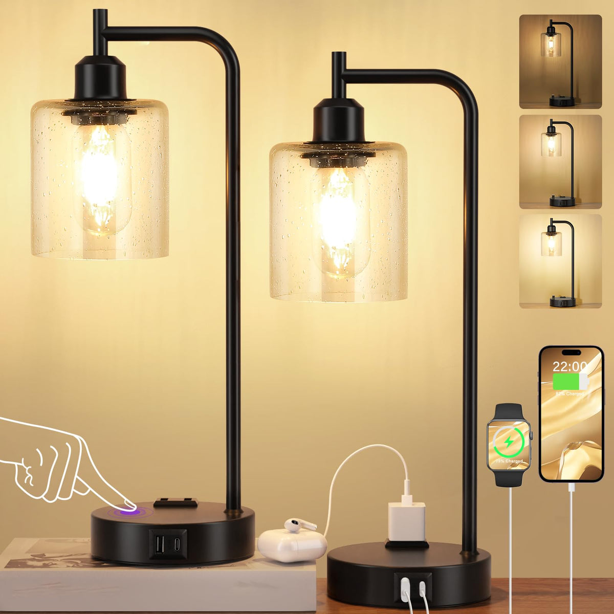 Industrial Touch Lamps for Nightstand Set of 2, 3-Way Dimmable Bedside Lamp | Glass Shade, USB C+A Charging Port & Outlet, Black Desk Lamps for Bedroom, Living Room, Home Office, Reading