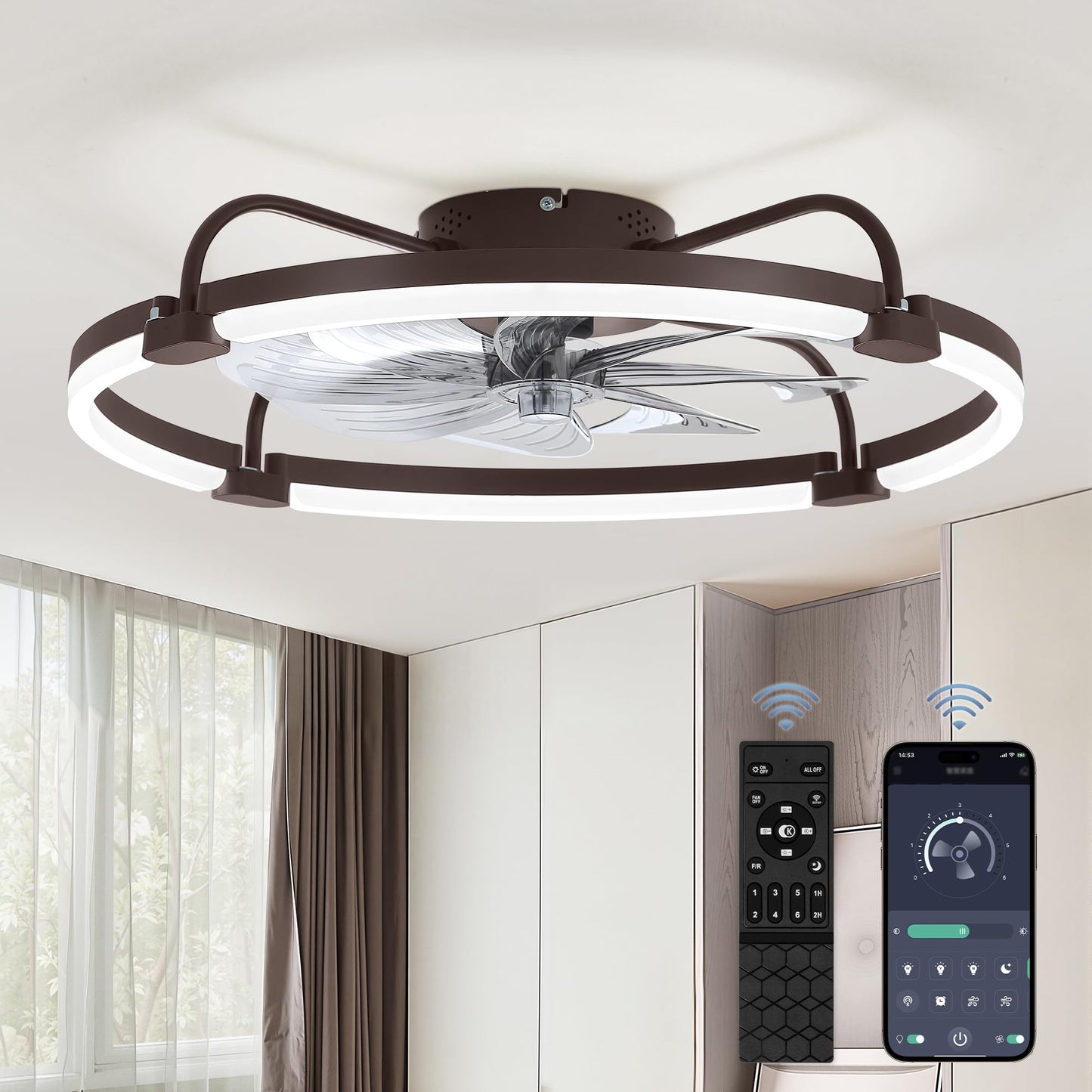 LEDIARY 20" Ceiling Fans with Lights and Remote, Low Profile Led Fan Light | Flush Mount, Stepless Dimmable Fandelier, 6 Speeds, 3 CCT, Quiet Reversible DC Motor, 2H Timer, Bedroom, Living Room, Black