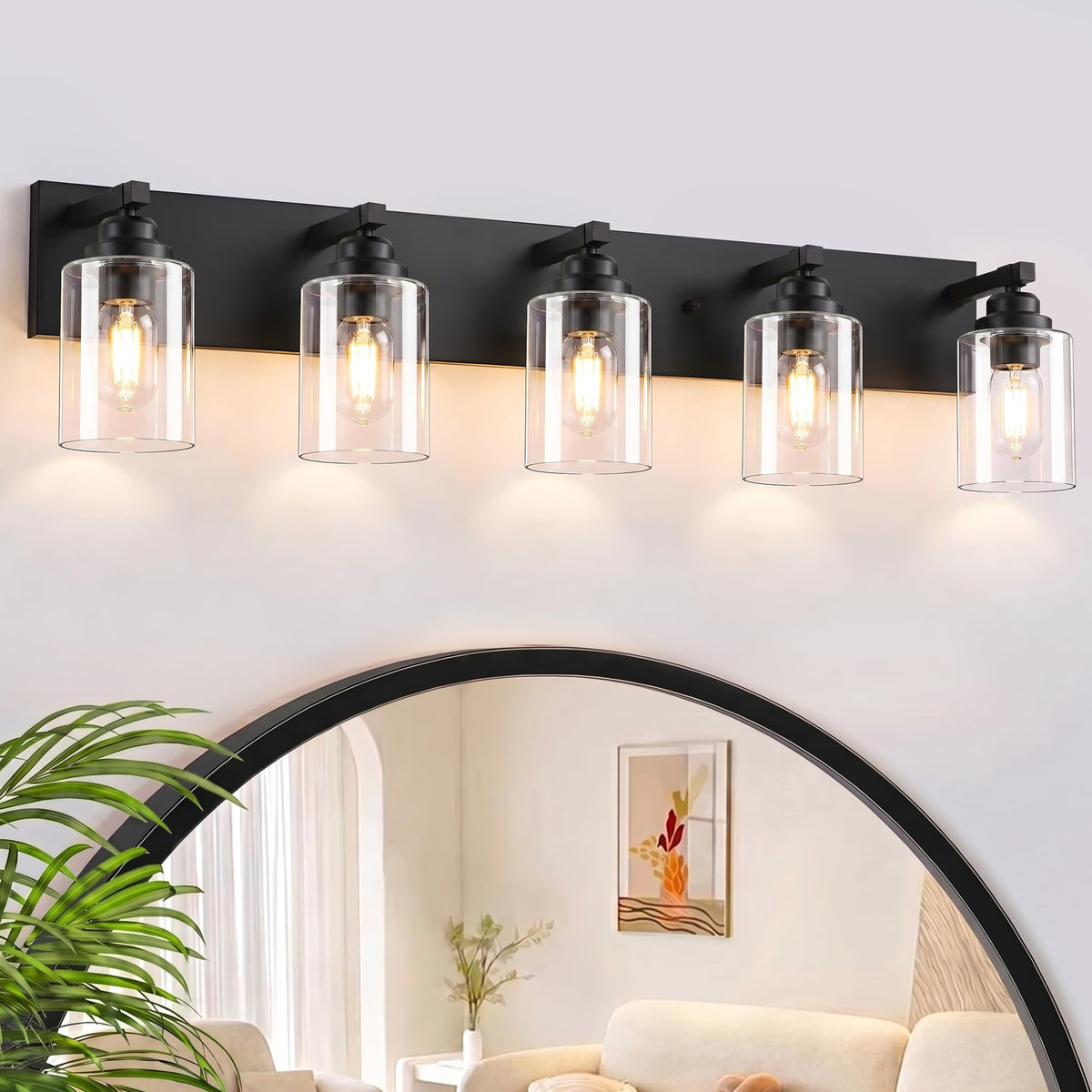 Farmhouse 3-Light Bathroom Vanity Light Fixtures, Black and Wood | 18.8″ Rustic Matte Black Metal Frame, Clear Glass Shades, Vintage Wall Sconces Lighting Over Mirror, for Bathroom Restroom