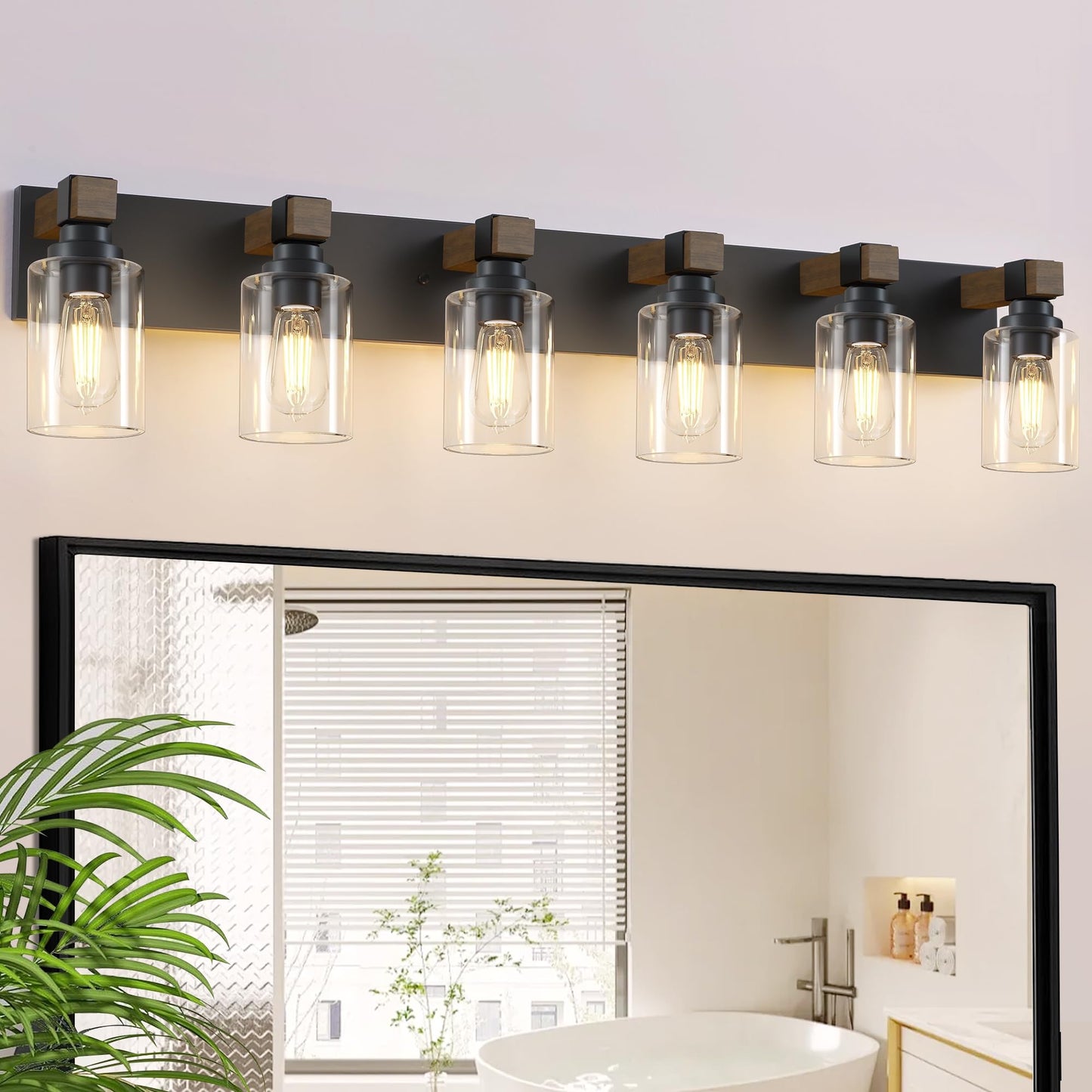 Farmhouse 3-Light Bathroom Vanity Light Fixtures, Black and Wood | 18.8″ Rustic Matte Black Metal Frame, Clear Glass Shades, Vintage Wall Sconces Lighting Over Mirror, for Bathroom Restroom