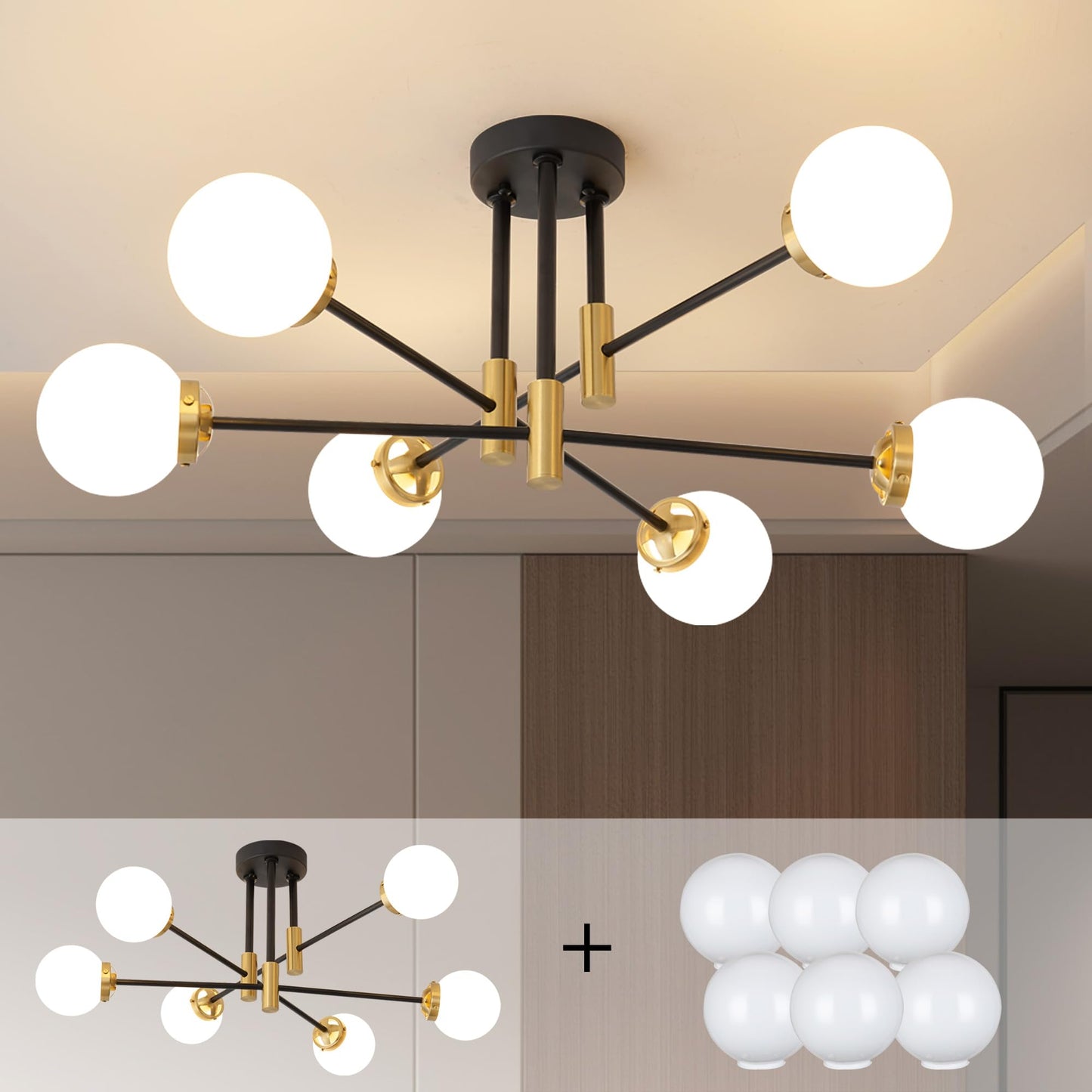 Modern Chandelier Ceiling Light Fixture, 6-Light Sputnik Dining Chandeliers | 31.18" Gold Chandelier Over Table, Mid Century Lights Fixture, Ideal for Dining Room Living Room Kitchen Island(No Lampshade)