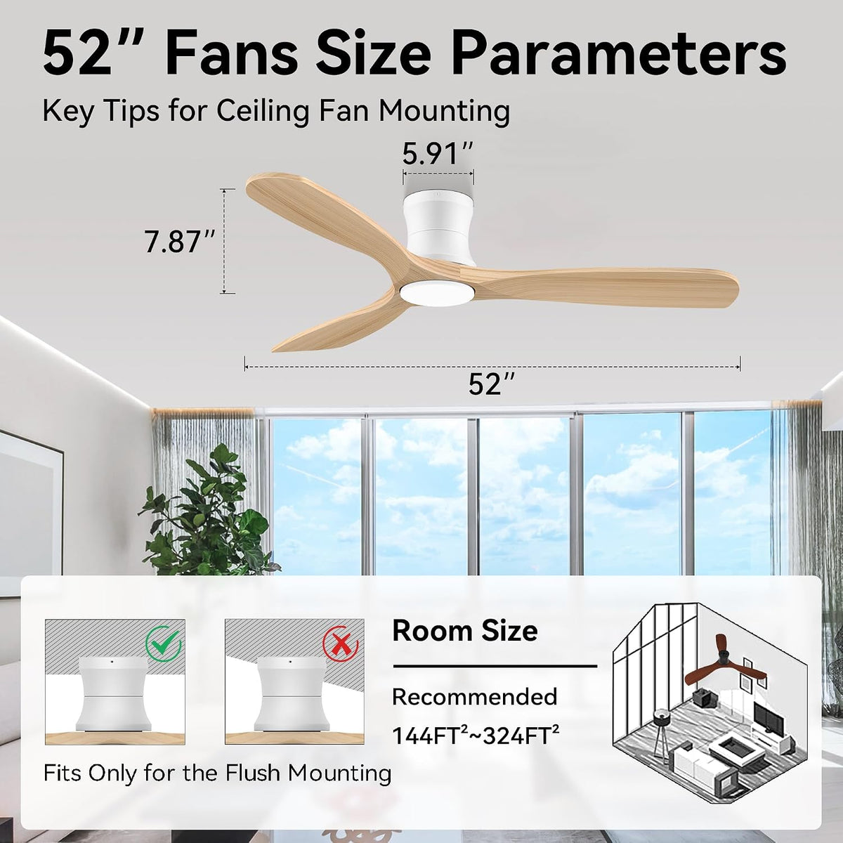 Livory 52” Wood Smart Flush Mount Ceiling Fans with Lights and Remote,Quiet DC Motor,Outdoor Indoor Ultra Low Profile Ceiling Fan works with Alexa WIFI APP,Modern White Ceiling Fan for Bedroom Patio