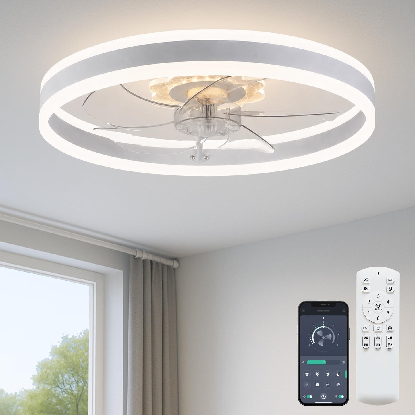 Fszdorj 20'' Ceiling Fan with Light and Remote,White Low Profile Fandelier | 3-Color Night Light, 3000-6500K Dimmable LED, Flush Mount, Remote & App, 6 Speeds & Reverse, Memory, Timer, Quiet Bedroom Fan