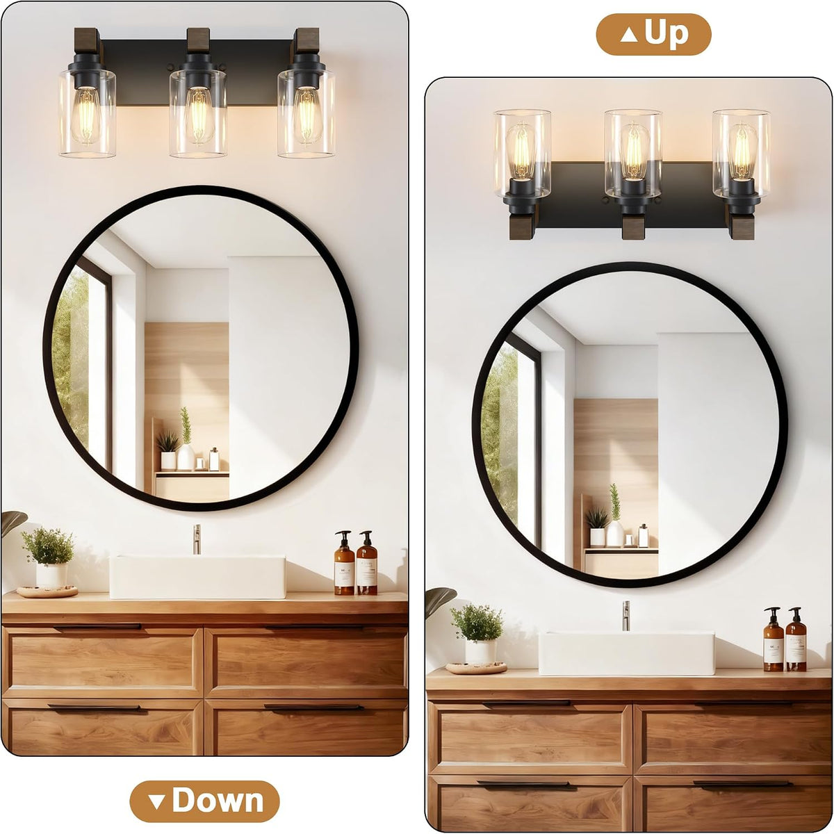 Farmhouse 3-Light Bathroom Vanity Light Fixtures, Black and Wood | 18.8″ Rustic Matte Black Metal Frame, Clear Glass Shades, Vintage Wall Sconces Lighting Over Mirror, for Bathroom Restroom