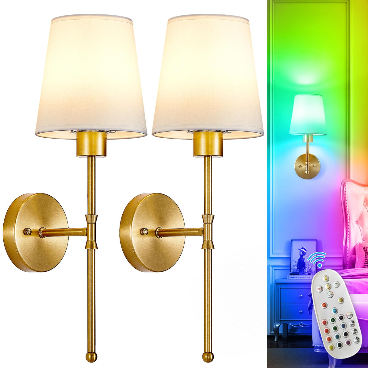 Depuley Battery Operated Wall Sconce: Set of 2 Wireless Wall Lights with 10000mAh Dimmable Bulbs and Remote for Bedroom - Rechargeable 15 Colors Gold Wall Lamp for Living Room Hallway