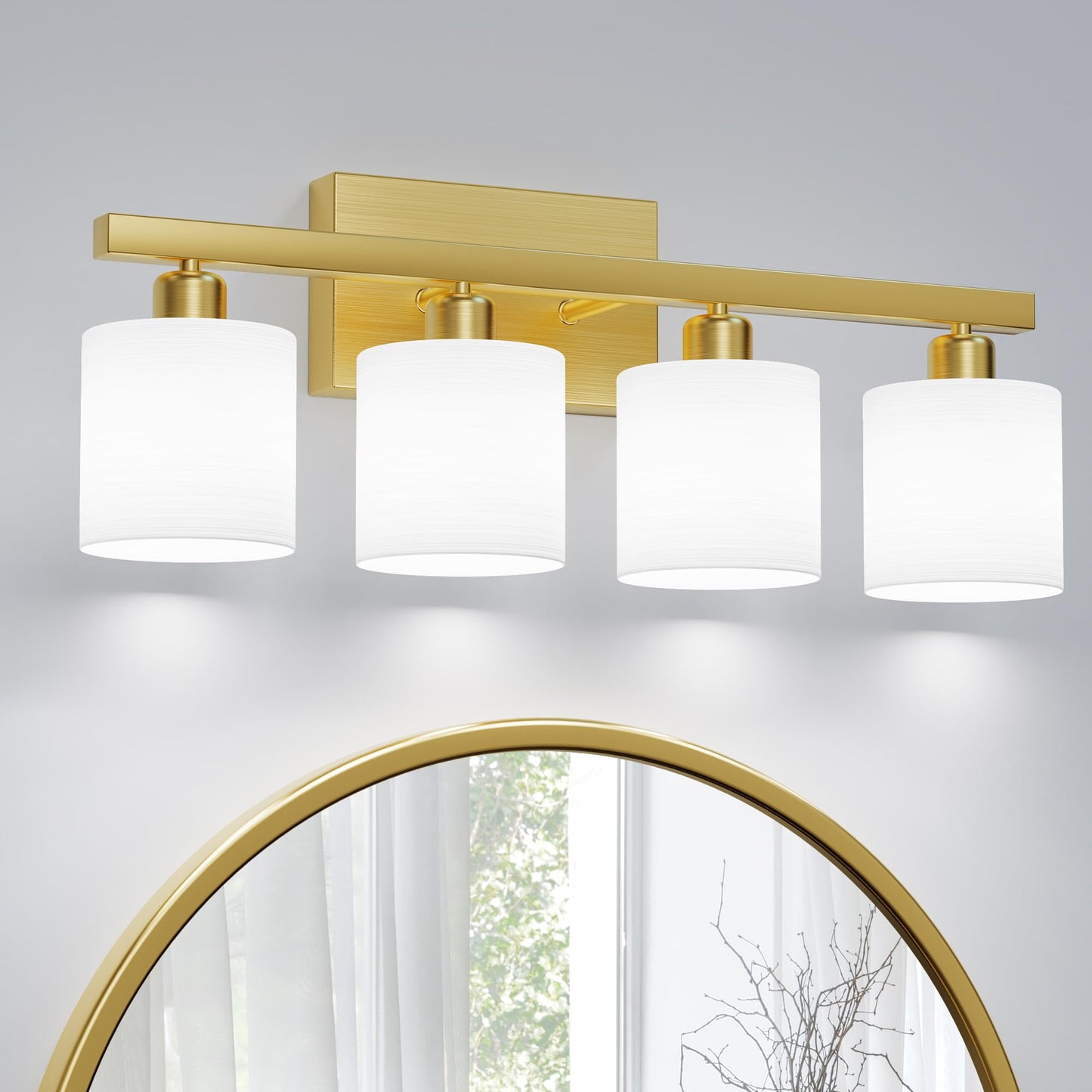 Bathroom Light Fixtures, Bathroom Lighting Fixtures Over Mirror, Interior Classic Vanity Lights, Modern Vanity Light with Textured White Glass Shade, Brushed Gold, 3-Light