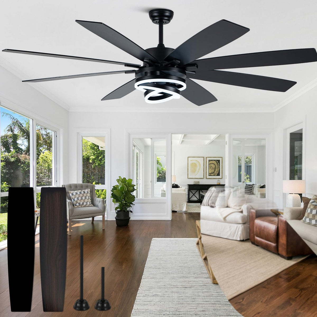 52" Black and Gold Modern Chandelier Fandelier Ceiling Fan with Light | DC motor, reversible, dimmable, 3 adjustable rings for DIY shape; for bedroom, living room.