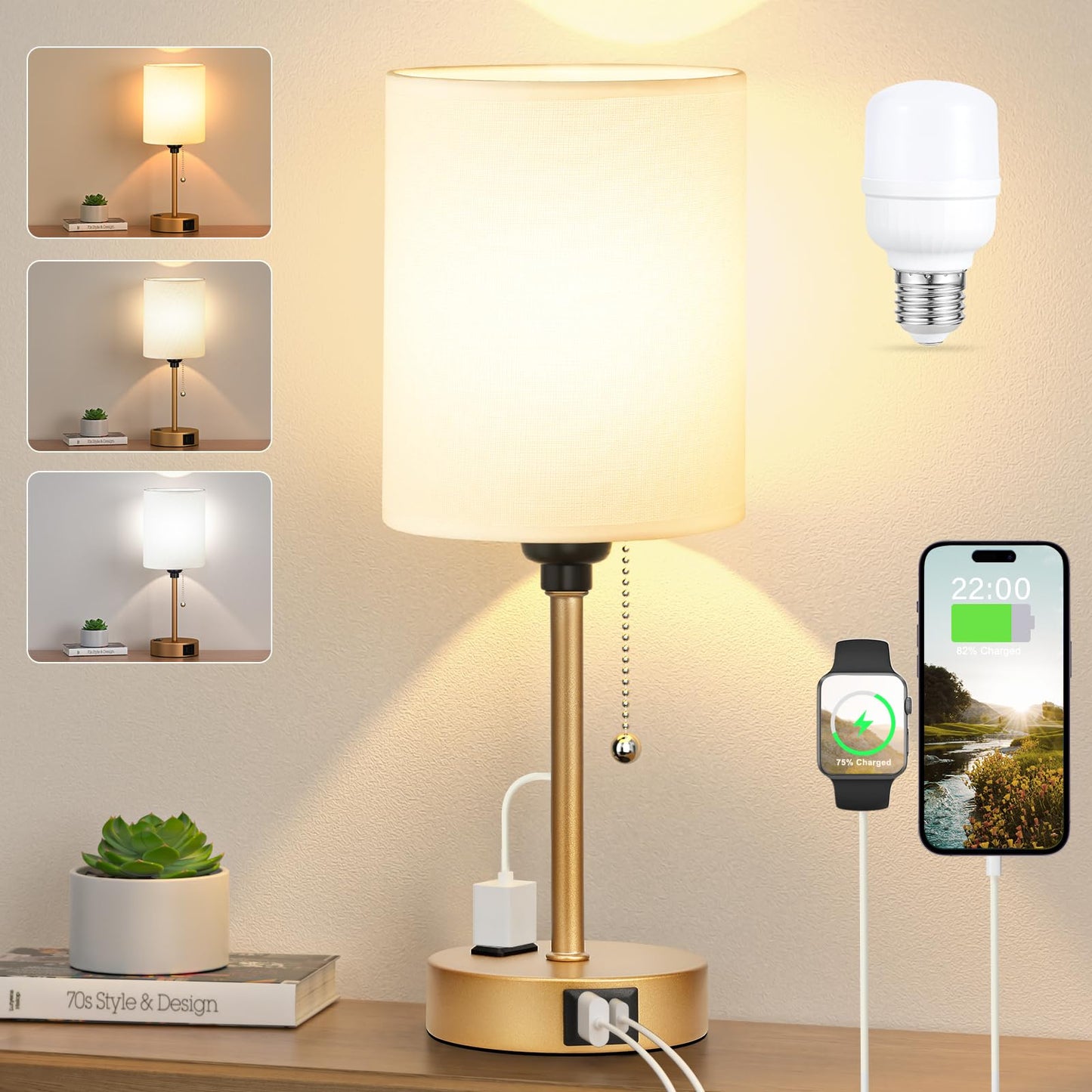 Dicoool Bedside Table Lamp for Bedroom - Small Desk Lamp with USB Ports | USB A+C Ports, AC Outlet, 3 Color Temperatures, LED Bulb Included, White Fabric Shade, Black Metal Base, 14" Nightstand lamp