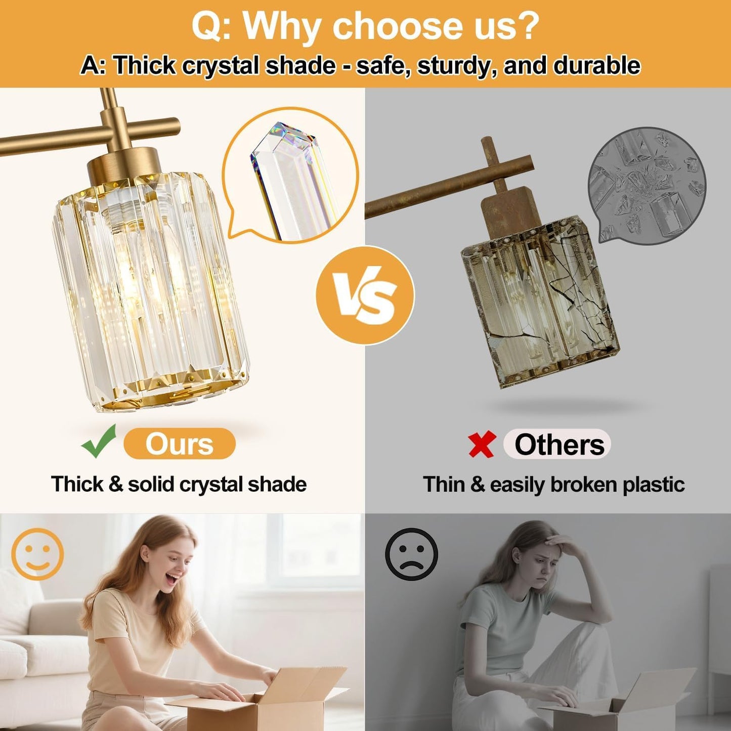 Modern Crystal Bathroom Vanity Light, 3-Light Brushed Gold Bathroom Light Fixtures with Clear Shades, Vanity Lighting Fixtures Over Mirror (Exclude Bulb)