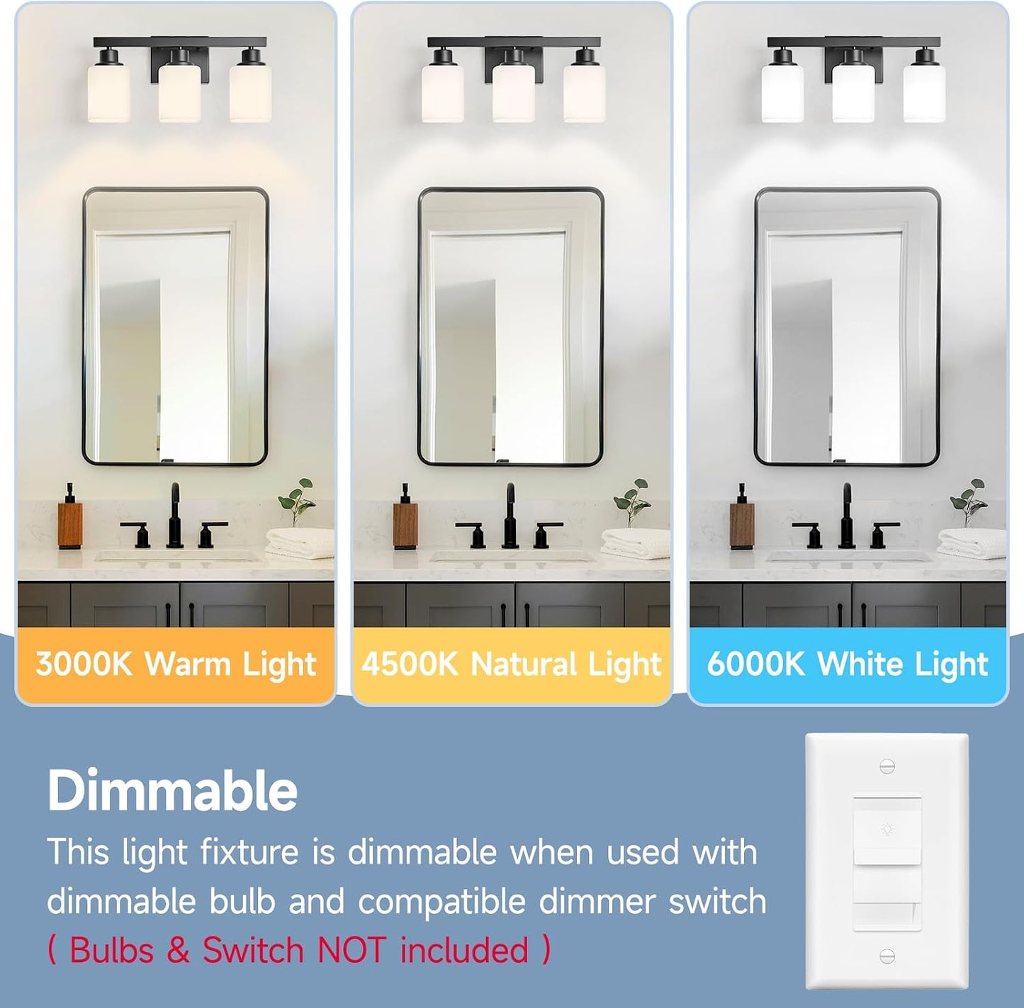 3-Light Bathroom Vanity Light,Modern Matte Black Bathroom Light Fixtures with Square Frosted Glass,Wall Sconces Lighting fixtures Over Mirror Restroom, Living Room Hallway