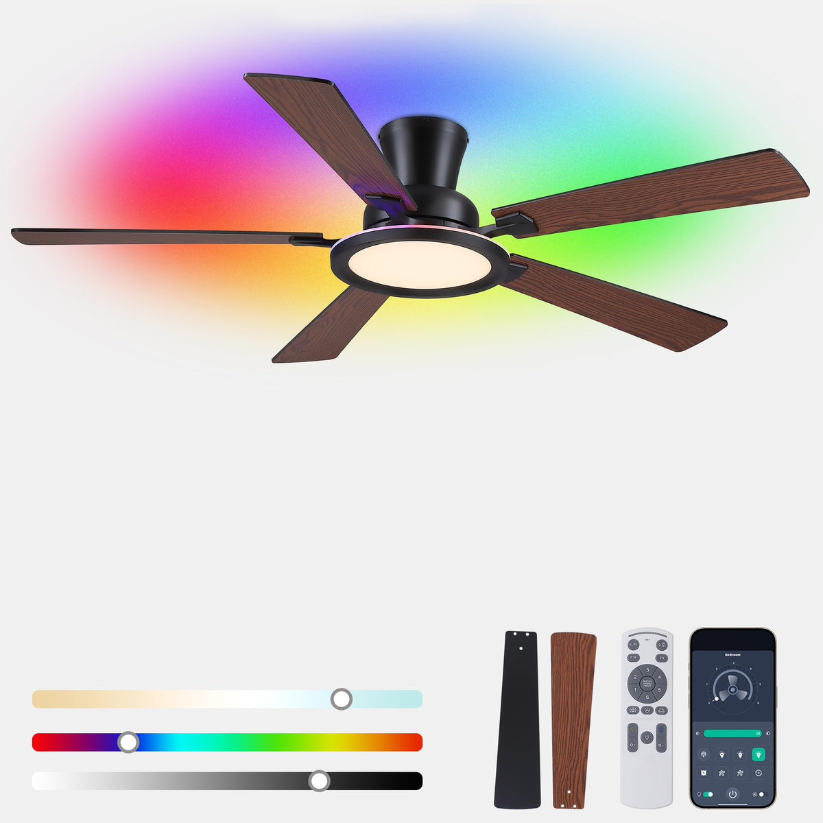 Ayaoty Ceiling Fans with Lights - 52in Flush Mount Ceiling Fan with RGB Dimmable, 3CCT 6 Wind Speeds and Reversible Quiet Motor, Low Profile RGB Fan Light for Modern Indoor, Party - Black